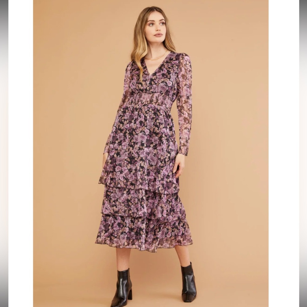 Lucy Paris Bristol Maxi Dress Purple Dark Floral V-neck Tiered Ruffled - Picture 3 of 15